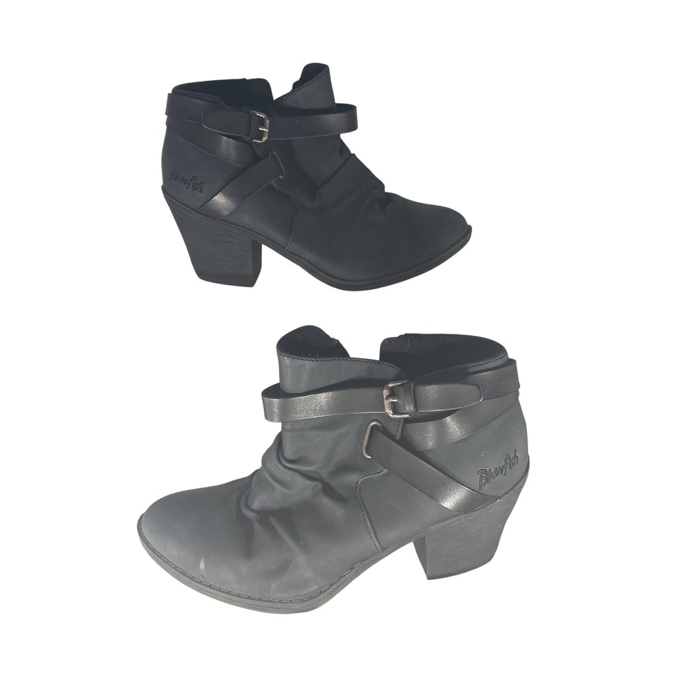 Blowfish Malibu Ankle Boots 7 Black Buckle Strap Ruched Block Heel Moto Booties